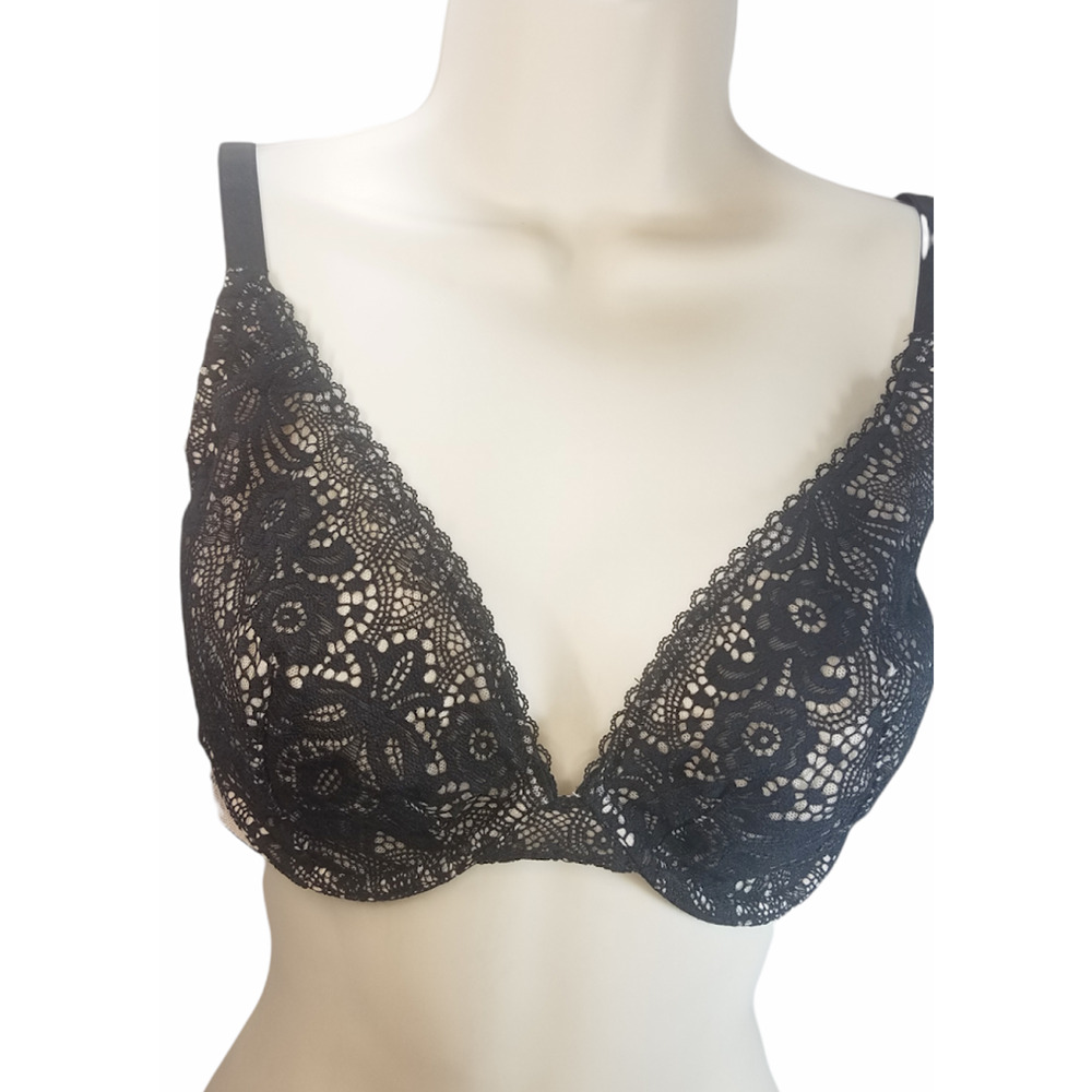 Victoria's Secret Unlined Plunge Plongeant non Double Lace Bra Black 34DDD